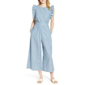 1901 14 Chambray Blue Ruffle Crop Jumpsuit Pockets